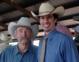 Baxter Black and Luke Mobley at Cow Creek Ranch Brangus Sale in Alabama